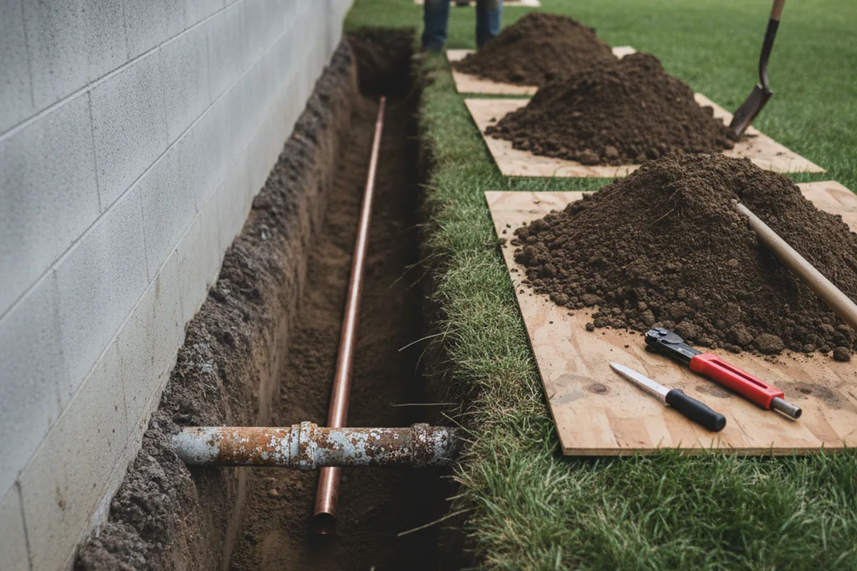 Excavated water line trench during Sewer Line Repair in Hitchcock